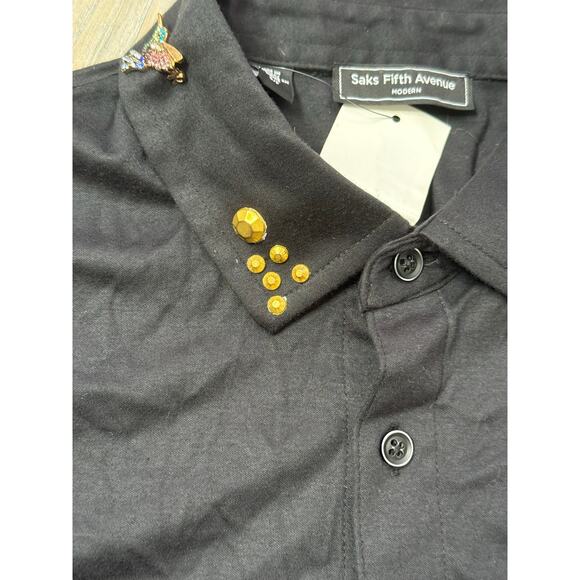 Saks Fifth Avenue Modern Black Cotton Shirt Jeweled Collar Hummingbird sz  S/P - Picture 9 of 9